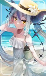 Rule 34 | 1girl, absurdres, bare shoulders, basket, beach, braid, crow (la+ darknesss), dress, flower, french braid, grey hair, hair ribbon, hat, highres, hololive, horns, iwahada, jewelry, la+ darknesss, long hair, multicolored hair, necklace, pointy ears, purple hair, ribbon, sand, solo, straw hat, streaked hair, sundress, sweat, twintails, very long hair, virtual youtuber, water, white dress, yellow eyes