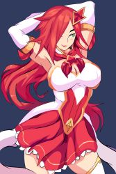 Rule 34 | 1girl, alternate costume, alternate hairstyle, bare shoulders, blush, breasts, cleavage, detached sleeves, dress, green eyes, hair ornament, hair over one eye, highres, large breasts, league of legends, lipstick, long hair, magical girl, makeup, orange hair, miss fortune (league of legends), short dress, solo, star (symbol), star guardian (league of legends), star guardian miss fortune, wink