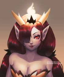 Rule 34 | 1girl, bare shoulders, blush, breasts, cleavage, demon girl, fangs, fire, fire, gumae, hair ornament, hair over one eye, hair ribbon, hekapoo, horns, large breasts, light blush, long hair, looking at viewer, orange eyes, pointy ears, red hair, ribbon, smile, solo, star vs the forces of evil, strapless, watermark, web address