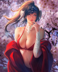 Rule 34 | 1girl, au ra, warrior of light (ff14), bikini, breasts, brown hair, chaosringen, cherry blossoms, cleavage, commentary, day, dragon horns, english commentary, final fantasy, final fantasy xiv, finger to mouth, green eyes, headgear, heterochromia, highres, horns, large breasts, lips, long hair, looking at viewer, navel, open mouth, pink eyes, ponytail, realistic, red bikini, scales, solo, standing, strap slip, swimsuit, upper body, wind