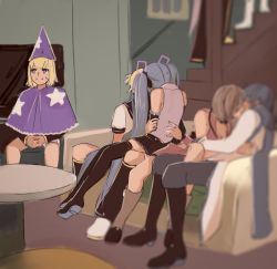 Rule 34 | 2boys, 5girls, :i, blonde hair, blue hair, blurry, blurry background, blurry foreground, brown hair, cloak, coat, commentary, couch, couple, depth of field, english commentary, everyone, gumi, hair ornament, hat, hatsune miku, headphones, hetero, highres, indoors, kagamine len, kagamine rin, kaito (vocaloid), kiss, leg warmers, megurine luka, meiko (vocaloid), multiple boys, multiple girls, out of frame, own hands together, pink hair, purple headwear, sailor collar, scarf, school uniform, sitting, skirt, smile, stairs, star (symbol), sweat, table, thighhighs, vocaloid, wizard hat, yen-mi, zettai ryouiki