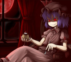 Rule 34 | 1girl, blue hair, cherry, cup, cupping glass, curtains, dress, female focus, food, fruit, full moon, grin, hat, moon, nice (artist), pudding, pun, purple hair, red eyes, red moon, remilia scarlet, short hair, sitting, slit pupils, smile, solo, spoon, touhou, window