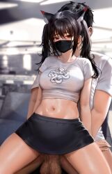 Rule 34 | 1boy, 1girl, absurdres, animal ears, black hair, black skirt, breasts, cat ears, clothed sex, crop top, cum, ejaculation, extra ears, highres, large breasts, long hair, looking at viewer, mask, midriff, miniskirt, mouth mask, navel, original, penis, red eyes, reverse upright straddle, sex from behind, shiny skin, shirt, short sleeves, sidelocks, skirt, solo focus, spread legs, stomach, sunchip, taut clothes, taut shirt, testicles, thighs, twintails, white shirt