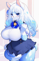 Rule 34 | 1girl, :&lt;, absurdres, animal ears, animal nose, arm up, bell, blue eyes, blue skirt, breasts, cat ears, cat girl, cat tail, clenched hand, flower, furry, furry female, hair flower, hair ornament, highres, jingle bell, kishibe, large breasts, long hair, miniskirt, original, shirt, skirt, solo, tail, thighs, whiskers, white hair, white shirt