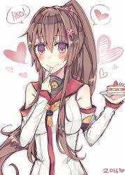 Rule 34 | 10s, 1girl, bad anatomy, bad hands, bare shoulders, blush, brown hair, cake, commentary, food, fork, fruit, heart, kantai collection, kvlen, long hair, looking at viewer, pink eyes, plate, ponytail, smile, solo, spoken heart, strawberry, upper body, utensil in mouth, yamato (kancolle)