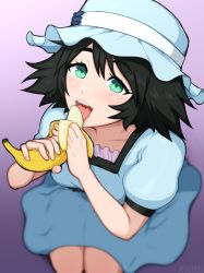 Rule 34 | 1girl, afrobull, artist name, banana, bangs, black hair, blue dress, blush, breasts, collarbone, commentary, dress, english commentary, food, from above, fruit, gradient, gradient background, green eyes, hat, holding, holding food, holding fruit, licking, looking at viewer, medium breasts, open mouth, pink background, puffy sleeves, sexually suggestive, shiina mayuri, short hair, short sleeves, sitting, smile, solo, steins;gate, tongue, tongue out, upper teeth, white headwear