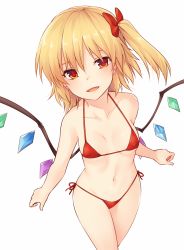Rule 34 | 1girl, :d, bare arms, bare shoulders, bikini, blonde hair, blush, bow, breasts, commentary request, cowboy shot, crystal, fang, flandre scarlet, hair between eyes, hair bow, halterneck, highres, looking at viewer, micro bikini, miyo (ranthath), navel, no headwear, one side up, open mouth, red bikini, red bow, red eyes, short hair, side-tie bikini bottom, simple background, small breasts, smile, solo, standing, stomach, swimsuit, thighs, touhou, white background, wings