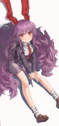 Rule 34 | 1girl, absurdly long hair, absurdres, animal ears, black jacket, blazer, brown footwear, closed mouth, collared shirt, commentary request, crescent, crescent pin, finger gun, from above, highres, jacket, lab2linch, loafers, long hair, long sleeves, looking at viewer, loose socks, necktie, on ground, open clothes, open jacket, own hands together, purple hair, rabbit ears, rabbit girl, red eyes, red necktie, reisen udongein inaba, shirt, shoes, simple background, sitting, socks, solo, touhou, very long hair, white background, white shirt, white socks
