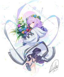 Rule 34 | 1girl, absurdres, atsuko (blue archive), blue archive, blue flower, blush, bouquet, closed mouth, cowboy shot, cropped legs, dl (dl 6ix), dress, flower, hair flower, hair ornament, halo, highres, holding, holding bouquet, hood, hood down, hooded jacket, jacket, long hair, looking at viewer, orange flower, pink flower, purple flower, purple hair, purple halo, red eyes, red flower, signature, simple background, smile, solo, twitter username, white background, white dress, white jacket