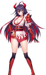 Rule 34 | 1girl, action taimanin, breasts, cleavage, demon girl, demon horns, elbow gloves, full body, game cg, gloves, highres, horns, japanese clothes, large breasts, lilith-soft, long hair, multicolored hair, official art, oni, open mouth, purple hair, red hair, simple background, smile, solo, spinel (action taimanin), taimanin (series), taimanin rpgx, yellow eyes, yoya tt
