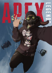 Rule 34 | 1boy, \n/, animal hood, apex legends, backpack, bag, black headwear, black hoodie, black pants, blurry, blurry background, cloud, commentary, copyright name, english commentary, english text, falling, goblin (titanfall), goggles, green shirt, grey footwear, highres, holding, hood, hood down, hoodie, ifragmentix, liquid, mask, mouth mask, octane (apex legends), pants, rabbit, rabbit hood, shirt, shoes, sky, smartwatch, sneakers, solo, sweatpants, watch, wattson (apex legends), wristwatch