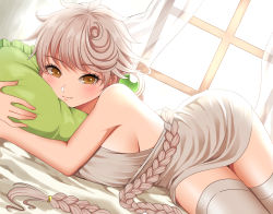 Rule 34 | 1girl, alternate costume, bed, blush, braid, breasts, brown eyes, closed mouth, curtains, dress, grey hair, hair ornament, kantai collection, large breasts, long hair, looking at viewer, lying, hugging object, on bed, pillow, pillow hug, single braid, sleeveless, sleeveless dress, solo, thighhighs, unryuu (kancolle), very long hair, white dress, white thighhighs, window, yomogi dango