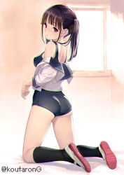 Rule 34 | 1girl, artist name, ass, bare shoulders, black one-piece swimsuit, black sailor collar, black socks, breasts, brown hair, copyright request, from behind, indoors, kneehighs, kneeling, koutaro, long sleeves, medium breasts, off shoulder, one-piece swimsuit, original, purple eyes, sailor collar, shirt, shoes, socks, solo, swimsuit, twintails, white shirt, window