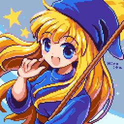 Rule 34 | 1girl, :d, blonde hair, blue background, blue eyes, blue headwear, hiroita, long hair, long sleeves, looking at viewer, lowres, open mouth, pixel art, puyopuyo, signature, smile, solo, star (symbol), upper body, witch (puyopuyo)