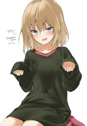 Rule 34 | 1girl, amasora taichi, black shirt, blonde hair, blue eyes, blush, character name, commentary, dated, fang, girls und panzer, highres, katyusha (girls und panzer), long sleeves, looking at viewer, one-hour drawing challenge, open mouth, pajamas, paw pose, pink socks, shirt, short hair, simple background, sitting, sleeves past fingers, sleeves past wrists, smile, socks, solo, t-shirt, translated, twitter username, v-shaped eyebrows, white background