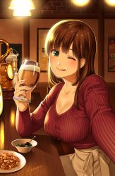 Rule 34 | 1girl, alcohol, bar (place), beer, beer tap, blush, bowl, breasts, brown hair, cellphone, cleavage, collarbone, cup, domestic na kanojo, food, green eyes, holding, holding cup, large breasts, licking lips, long hair, looking at viewer, one eye closed, phone, plate, ribbed sweater, sasuga kei, sitting, smartphone, smile, sweater, tachibana hina, tongue, tongue out