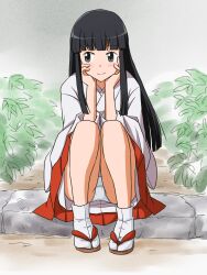 Rule 34 | 1girl, black eyes, black hair, brown footwear, closed mouth, commentary request, commission, crotch seam, hakama, hakama skirt, hands on own head, highres, hime cut, japanese clothes, kimono, lielos, long hair, long sleeves, looking to the side, original, panties, pantyshot, partial commentary, pixiv commission, pleated skirt, red skirt, sakamoto miko, sandals, sitting, skirt, smile, socks, solo, straight hair, tabi, underwear, white kimono, white panties, white socks