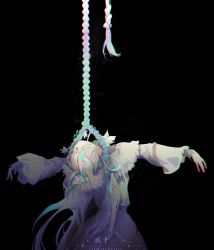 Rule 34 | 1girl, absurdres, black background, blonde hair, chromatic aberration, death, dress, hanged, hanging, highres, long hair, long sleeves, noose, original, outstretched arms, puffy sleeves, solo, sparkle, white dress, xiaohen236