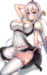 Rule 34 | 1girl, absurdres, anchor choker, apron, arm behind head, azur lane, blush, breasts, choker, coda (simon1995), frilled apron, frilled choker, frills, hair between eyes, hairband, hand up, high heels, highres, holding, holding sword, holding weapon, lace-trimmed hairband, lace trim, large breasts, looking at viewer, maid apron, parted lips, puffy sleeves, red eyes, red ribbon, ribbon, ribbon-trimmed legwear, ribbon trim, short hair, short sleeves, sidelocks, simple background, sirius (azur lane), solo, sword, thighhighs, thighs, waist apron, weapon, white apron, white background, white hair, white thighhighs