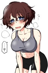 Rule 34 | ..., 1girl, ?, akaboshi koume, bike shorts, black shorts, blue eyes, blush, breasts, breath, bright pupils, brown hair, cleavage, commentary, cowboy shot, exhausted, girls und panzer, grey sports bra, heavy breathing, highres, large breasts, leaning forward, light frown, looking at viewer, navel, noumen, open mouth, short hair, shorts, simple background, solo, spoken ellipsis, spoken question mark, sports bra, standing, sweat, translated, wavy hair, white background, white pupils
