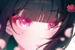 Rule 34 | 1girl, black hair, blunt bangs, blurry, butterfly-shaped pupils, cherry blossoms, close-up, closed mouth, commentary, depth of field, eyeshadow, falling petals, hair ornament, highres, honkai: star rail, honkai (series), li nauu, looking at viewer, makeup, mole, mole under each eye, mole under eye, multiple moles, petals, pink eyes, pink petals, red eyeshadow, solo, sparkle (honkai: star rail), symbol-only commentary, symbol-shaped pupils