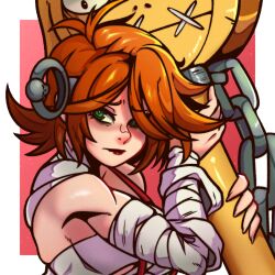 Rule 34 | 1girl, a.b.a, bags under eyes, bandaged chest, chain, green eyes, guilty gear, guilty gear xx, hair over one eye, key, key in head, looking at viewer, object through head, onua tf, pale skin, paracelsus (guilty gear), red hair, short hair, stitched mouth, stitches, upper body