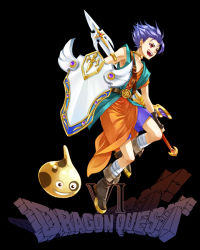Rule 34 | 1boy, :d, armlet, bandages, belt, belt buckle, black background, blue hair, boots, buckle, colored skin, copyright name, dragon quest, dragon quest vi, earrings, fingerless gloves, full body, gem, gloves, grin, hero (dq6), hinafuru, holding, huge weapon, jewelry, jumping, looking away, male focus, monster, mottle slime, neck ring, open mouth, profile, red eyes, robe, shield, short hair, shorts, simple background, sleeveless, slime (dragon quest), smile, solo, spiked hair, spotted slime, sword, weapon, yellow skin