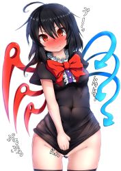 Rule 34 | 1girl, absurdres, ahoge, asymmetrical wings, black hair, blush, bow, bowtie, covered navel, covering privates, covering crotch, dress, embarrassed, eyebrows, highres, houjuu nue, looking at viewer, messy hair, microdress, no panties, peso (cheese company), pussy juice, red eyes, solo, sweatdrop, thighhighs, touhou, wings