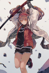 Rule 34 | 1girl, angelina (arknights), animal ears, arknights, arms up, black footwear, black gloves, black shirt, black shorts, brown hair, choker, closed mouth, coat, debris, earpiece, foot out of frame, gloves, high tops, highres, holding, holding staff, jacket, long hair, long sleeves, looking at viewer, orange eyes, red jacket, shirt, shoes, short shorts, shorts, sneakers, solo, staff, standing, standing on one leg, tail, urayamashiro (artist), white coat