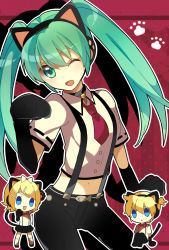 Rule 34 | 1boy, 2girls, animal ears, animal hands, bad id, bad pixiv id, bell, belt, blonde hair, blue eyes, bow, bowtie, cat ears, cat paws, cat tail, chibi, collar, fang, fish, green eyes, green hair, hatsune miku, highres, jingle bell, kagamine len, kagamine rin, long hair, midriff, multiple girls, navel, neck bell, necktie, open mouth, skirt, suspenders, tail, twintails, vocaloid, yumenashi