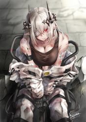 Rule 34 | 1girl, absurdres, arknights, artist name, bad id, bad pixiv id, bare shoulders, black gloves, breasts, cleavage, commentary, cuts, gloves, highres, horns, injury, kuromu, large breasts, long hair, long sleeves, looking at viewer, material growth, mudrock (arknights), mudrock (elite ii) (arknights), off shoulder, oripathy lesion (arknights), parted lips, red eyes, signature, sitting, solo, sports bra, white hair