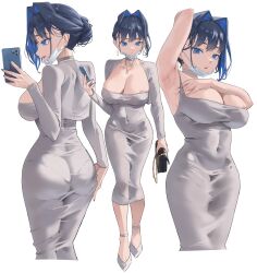 Rule 34 | 1girl, archinoer, armpits, ass, black bag, blue eyes, blue hair, blue nails, breast tattoo, breasts, cellphone, choker, colored inner hair, commentary, covered navel, dongtan dress, dress, earrings, hair bun, hair intakes, highres, holding, holding phone, hololive, hololive english, impossible clothes, impossible dress, jewelry, large breasts, looking at viewer, mask, meme attire, mouth mask, multicolored hair, multiple views, necklace, ouro kronii, pantylines, phone, short hair, simple background, single hair bun, smartphone, surgical mask, symbol-only commentary, tattoo, virtual youtuber, white background, white choker, white dress, white footwear