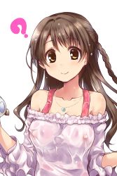 Rule 34 | 10s, 1girl, ?, absurdres, bare shoulders, blouse, blush, braid, breasts, brown eyes, brown hair, covered erect nipples, eyebrows, frills, highres, idolmaster, idolmaster cinderella girls, jewelry, long hair, looking at viewer, medium breasts, necklace, nipples, no bra, paopao, see-through, shimamura uzuki, shirt, simple background, smile, solo, upper body, wet, wet clothes, white background