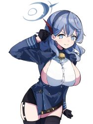 Rule 34 | 1girl, absurdres, ako (blue archive), bell, black gloves, black thighhighs, blue archive, blue eyes, blue hair, blue hairband, breasts, closed mouth, ear piercing, garter straps, gloves, hair between eyes, hair ribbon, hairband, halo, highres, large breasts, long sleeves, looking at viewer, neck bell, piercing, red ribbon, ribbon, shigatsu shizuki, sideboob, simple background, solo, thighhighs, white background