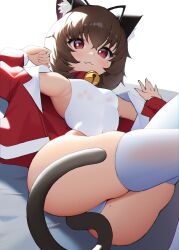 Rule 34 | 1girl, :3, animal ear fluff, animal ears, arm up, armpits, ass, bare shoulders, bell, breasts, brown hair, cat ears, cat girl, cat tail, closed mouth, collar, commission, covered navel, fang, highleg, highleg swimsuit, highres, jacket, jingle bell, legs up, long sleeves, looking at viewer, lying, migu (iws2525), mole, mole on ass, mole under eye, off shoulder, on back, one-piece swimsuit, open clothes, open jacket, original, prunechi, reclining, red collar, red eyes, red jacket, revision, see-through, short hair, simple background, skindentation, small breasts, smile, solo, swimsuit, tail, thighhighs, thighs, wet, wet clothes, wet swimsuit, white background, white one-piece swimsuit, white thighhighs