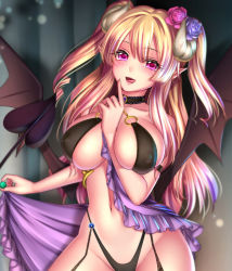 Rule 34 | 1girl, arm between breasts, bare shoulders, between breasts, blonde hair, blush, breasts, choker, collarbone, demon girl, demon tail, demon wings, covered erect nipples, finger to mouth, flower, hair flower, hair ornament, horns, huge breasts, long hair, looking at viewer, navel, original, pink eyes, ryuki@maguro-ex, solo, demon girl, tail, tongue, tongue out, two side up, very long hair, wings
