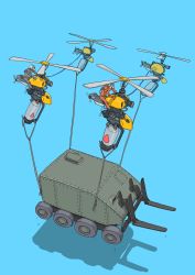 Rule 34 | 2others, absurdres, aircraft, blue background, flying, from above, gatling santouhei, helicopter, highres, jumpsuit, multiple others, original, pilot helmet, science fiction, simple background, unconventional vehicle, vehicle focus