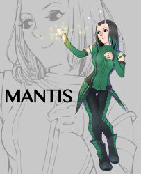 Rule 34 | 1girl, animification, antennae, black eyes, black hair, bodysuit, boots, character name, full body, glowing, green hair, grey background, guardians of the galaxy, highres, long hair, mantis (marvel), marvel, marvel cinematic universe, multicolored hair, solo, sparkle, standing, two-tone hair