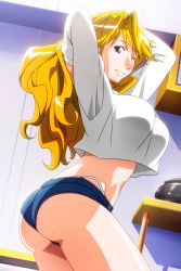 Rule 34 | 1girl, arms up, ass, blonde hair, blue eyes, christine garland, cowboy shot, crop top, indoors, long hair, long sleeves, mature female, micro shorts, non-web source, official art, one eye closed, photoshop (medium), shorts, smile, solo, super real mahjong, tanaka ryou, twisted torso
