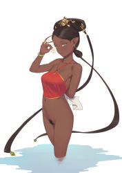 Rule 34 | 1girl, bare shoulders, bigrbear, black hair, bottomless, bracelet, breasts, chinese clothes, dark-skinned female, dark skin, dudou, earrings, female pubic hair, flower, green eyes, hair ornament, highres, jewelry, long hair, looking at viewer, navel, original, pointy ears, pubic hair, pussy, small breasts, solo, standing, uncensored, very long hair, white background
