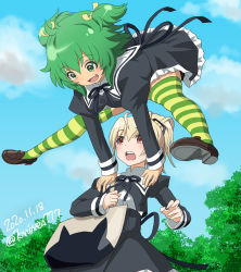 Rule 34 | 2020, 2girls, andou tazusa, assault lily, blonde hair, blush, dated, fang, female focus, green eyes, green hair, highres, knives (knives777), matching hair/eyes, multiple girls, open mouth, outdoors, red eyes, school uniform, sky, smile, striped legwear, thighhighs, twitter username, yoshimura thi mai