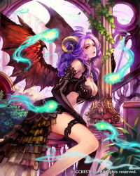 Rule 34 | 1girl, blush, breasts, cleavage, company name, demon girl, dragon&#039;s shadow, from side, horns, konfuzikokon, large breasts, long hair, looking at viewer, official art, parted lips, purple hair, red eyes, sitting, smile, solo