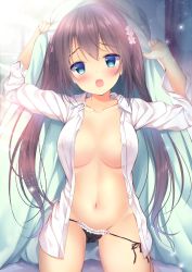 Rule 34 | arms up, bed sheet, black panties, blue eyes, blush, bow, bow panties, breasts, brown hair, collarbone, collared shirt, commentary request, dress shirt, frilled panties, frills, groin, hair between eyes, hair ornament, hair scrunchie, head tilt, kneeling, long hair, long sleeves, medium breasts, navel, no bra, open clothes, open mouth, open shirt, original, panties, panty pull, pink scrunchie, scrunchie, shibainu niki, shirt, side-tie panties, solo, twintails, underwear, very long hair, white shirt