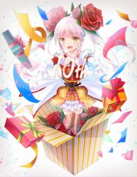 Rule 34 | 1girl, :o, bad id, bad pixiv id, box, braid, confetti, cyanomirahi, dress, flower, gift, gloves, grey hair, hair flower, hair ornament, highres, in box, in container, outstretched arms, pink hair, pocketland, rose, short twintails, solo, standing, striped clothes, striped thighhighs, thighhighs, twintails, vertical stripes, white gloves, white hair, yellow dress