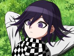 Rule 34 | 1boy, arms behind head, black hair, black scarf, checkered clothes, checkered scarf, closed mouth, danganronpa (series), danganronpa v3: killing harmony, frown, grass, hair between eyes, heart, highres, jacket, long sleeves, lying, male focus, multicolored hair, oma kokichi, on back, petals, purple eyes, scarf, solo, suiren yurei, two-tone hair, white jacket, white scarf