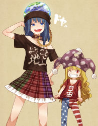 Rule 34 | 2girls, :d, ;), alternate costume, american flag legwear, arm up, bare shoulders, black collar, black shirt, blonde hair, blue eyes, blue hair, blue legwear, blush, breasts, chain, clothes writing, clownpiece, collar, collarbone, commentary request, doyagao, earth (ornament), feet out of frame, grin, hand on own hip, hat, hecatia lapislazuli, hecatia lapislazuli (earth), height difference, jester cap, long hair, looking at viewer, miniskirt, multicolored clothes, multicolored skirt, multiple girls, off-shoulder shirt, off shoulder, one eye closed, open mouth, pantyhose, petticoat, plaid, plaid skirt, polka dot, polka dot headwear, pom pom (clothes), purple hat, red eyes, red legwear, red shirt, shirt, short sleeves, skirt, small breasts, smile, smug, standing, star (symbol), star print, striped clothes, striped legwear, striped pantyhose, t-shirt, teeth, thighs, touhou, translated, urin, very long hair, white legwear