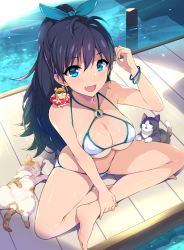 1girl animal animal_on_shoulder arm_up bangle bare_legs bare_shoulders barefoot bikini black_hair blue_eyes blue_ribbon bracelet breasts cat cleavage commentary_request earrings fang ganaha_hibiki hair_ribbon hamster hidebou hoop_earrings idolmaster idolmaster_(classic) jewelry large_breasts long_hair looking_at_viewer o-ring o-ring_top ribbon sitting smile solo swimsuit water white_bikini