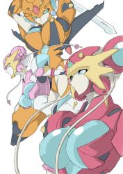 Rule 34 | 00s, 3girls, android, animal ears, armor, artist request, breasts, cat ears, character request, curvy, expressionless, fake animal ears, female focus, go okusaer, helmet, highres, large breasts, leotard, mecha, mecha musume, multiple girls, neo okusaer, nipples, no humans, robot, shinkon gattai godannar!!