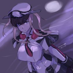 Rule 34 | 10s, 1girl, blonde hair, blue eyes, breasts, capelet, gloves, graf zeppelin (kancolle), grey eyes, hair between eyes, hat, highres, impossible clothes, jacket, kantai collection, large breasts, long hair, looking at viewer, mizuumi (bb), monochrome, necktie, peaked cap, purple theme, sidelocks, solo, tsurime, twintails, uniform