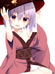 Rule 34 | 1girl, bowl, fang, head tilt, highres, hisame (nekousatan), japanese clothes, kimono, long sleeves, looking at viewer, obi, object on head, off shoulder, open mouth, purple hair, red eyes, sash, short hair, simple background, sitting, smile, solo, sukuna shinmyoumaru, touhou, white background, wide sleeves